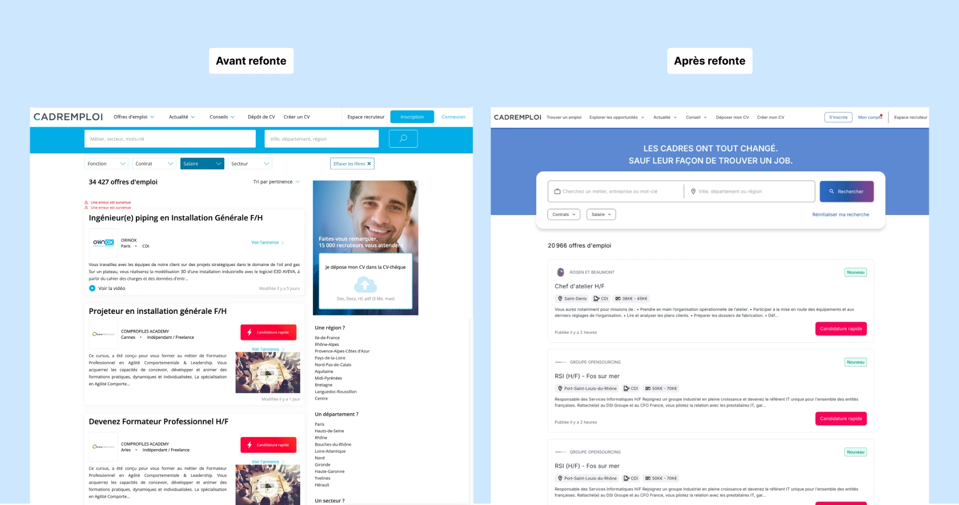 Comparaison de la page liste Cadremploi avant et après la refonte