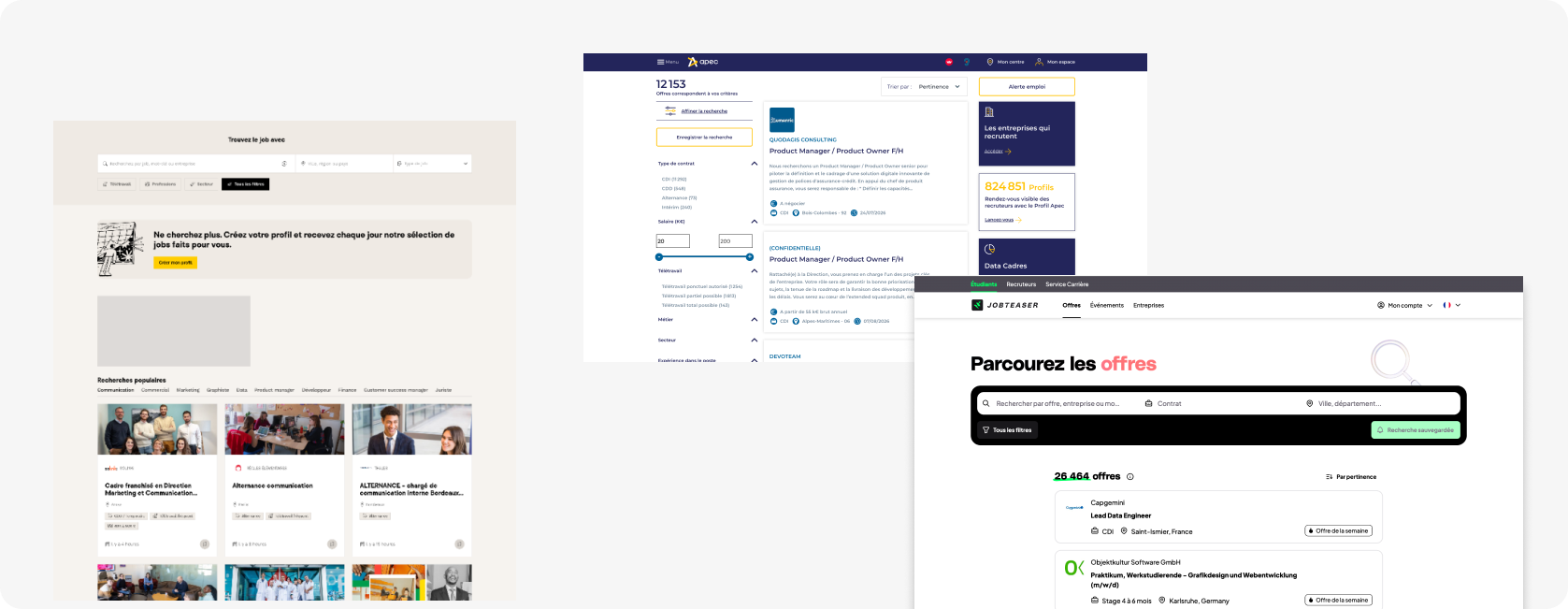 Benchmark des pages liste d'Apec, JobTeaser et autres acteurs du marché
